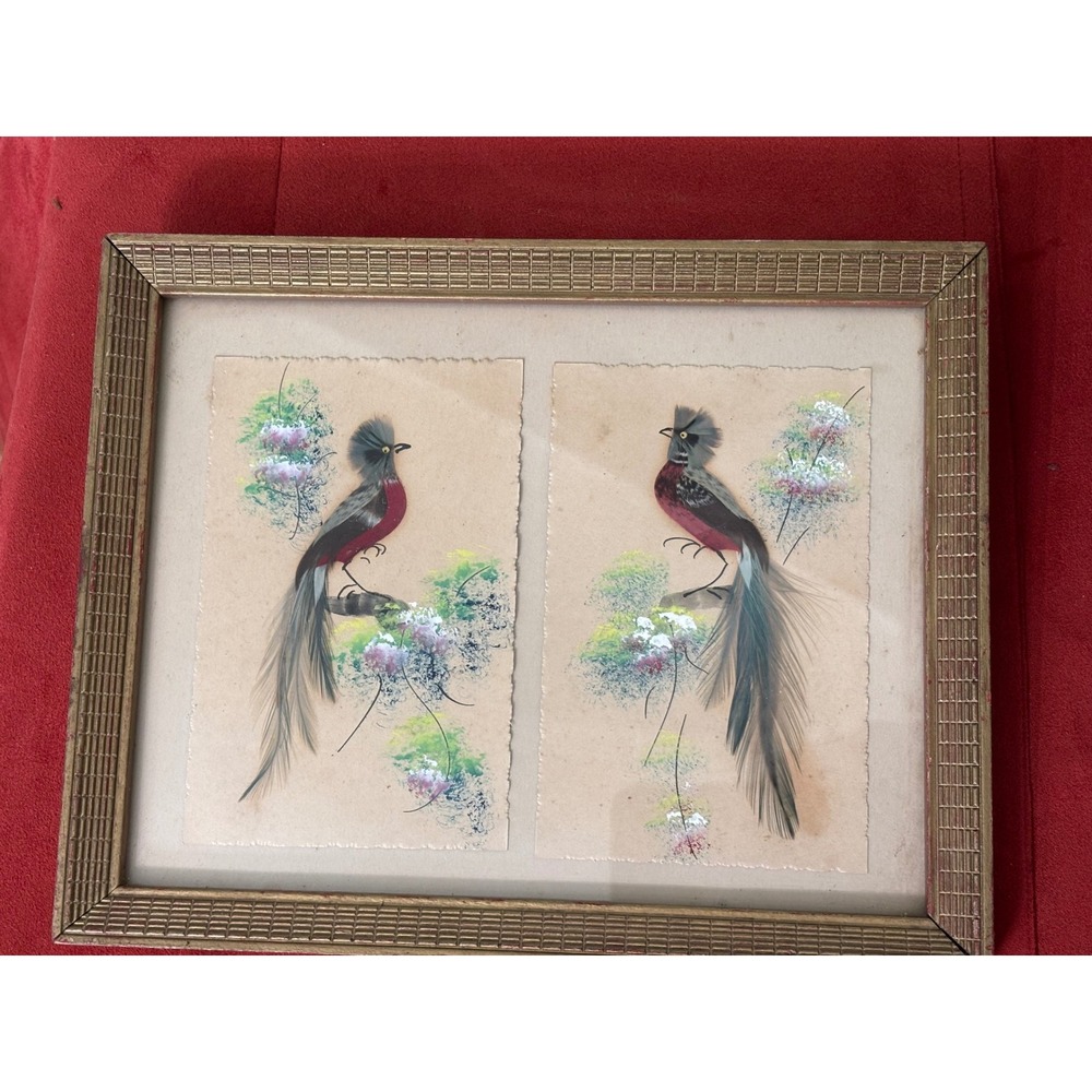 Vintage Mexican Feather Art Birds Framed Folk Art Mid Century Decor Gold Frame